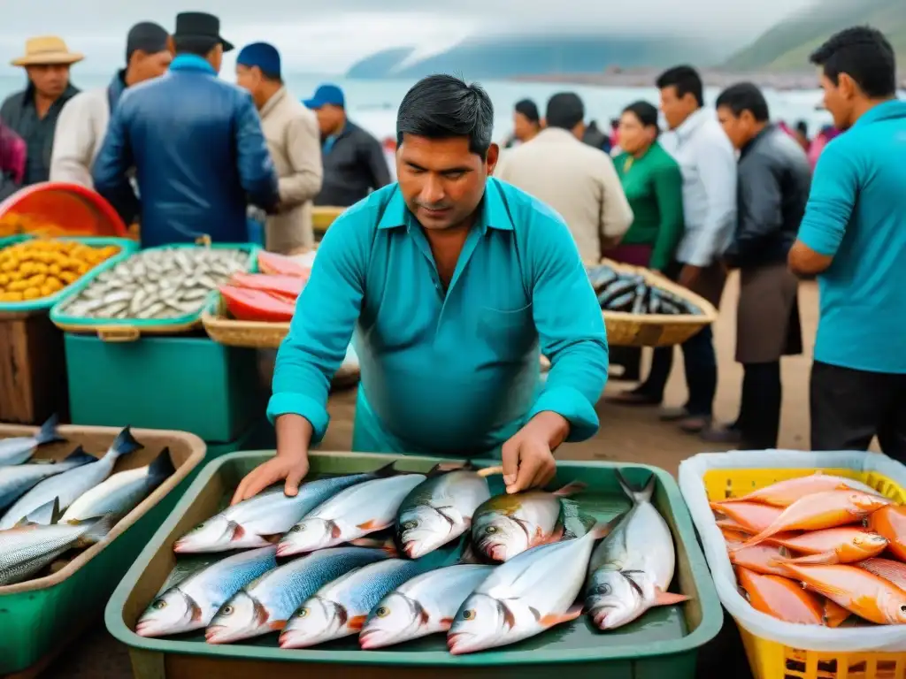 Un animado mercado de pescado en Perú, con variedad de pescados frescos y mariscos