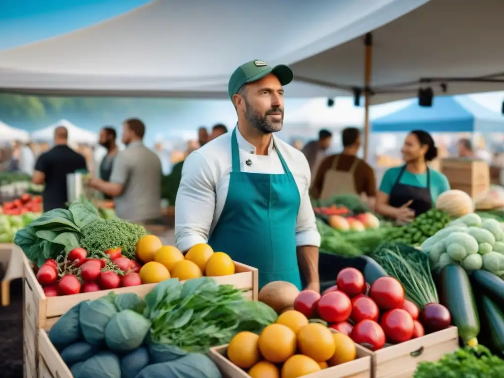 En un animado mercado agrícola, vendedores y clientes se conectan en iniciativas gastronómicas cambio climático