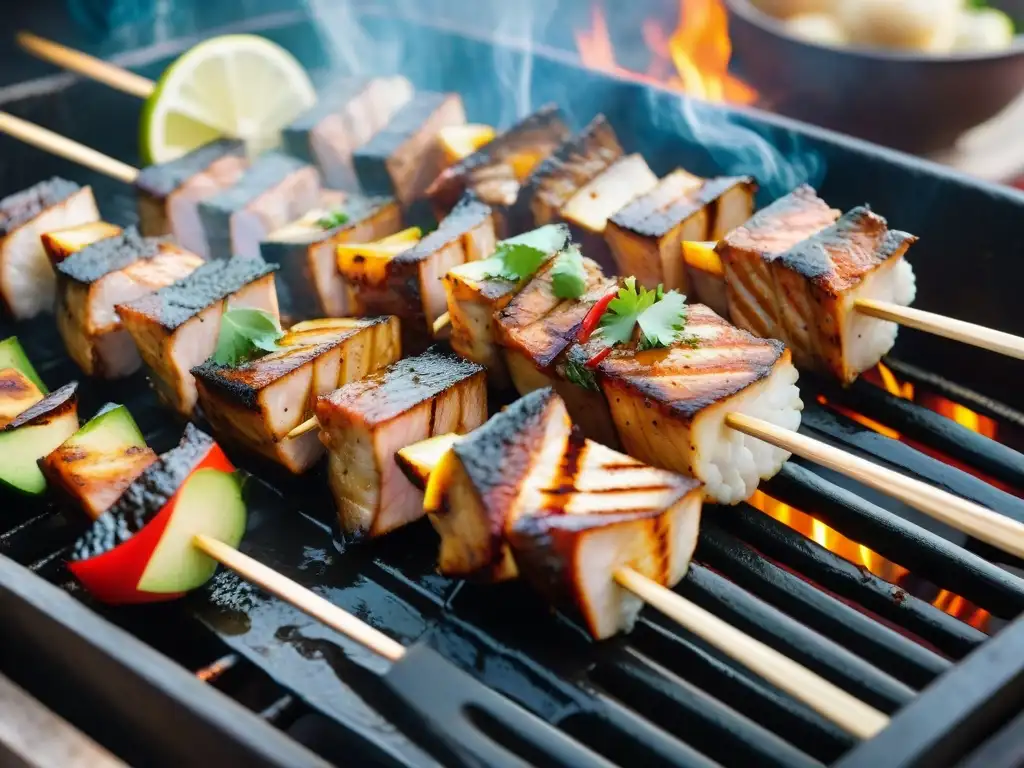 Anticuchos de pescado receta: Detalle de un suculento anticucho de pescado a la parrilla, listo para saborear en un mercado al aire libre