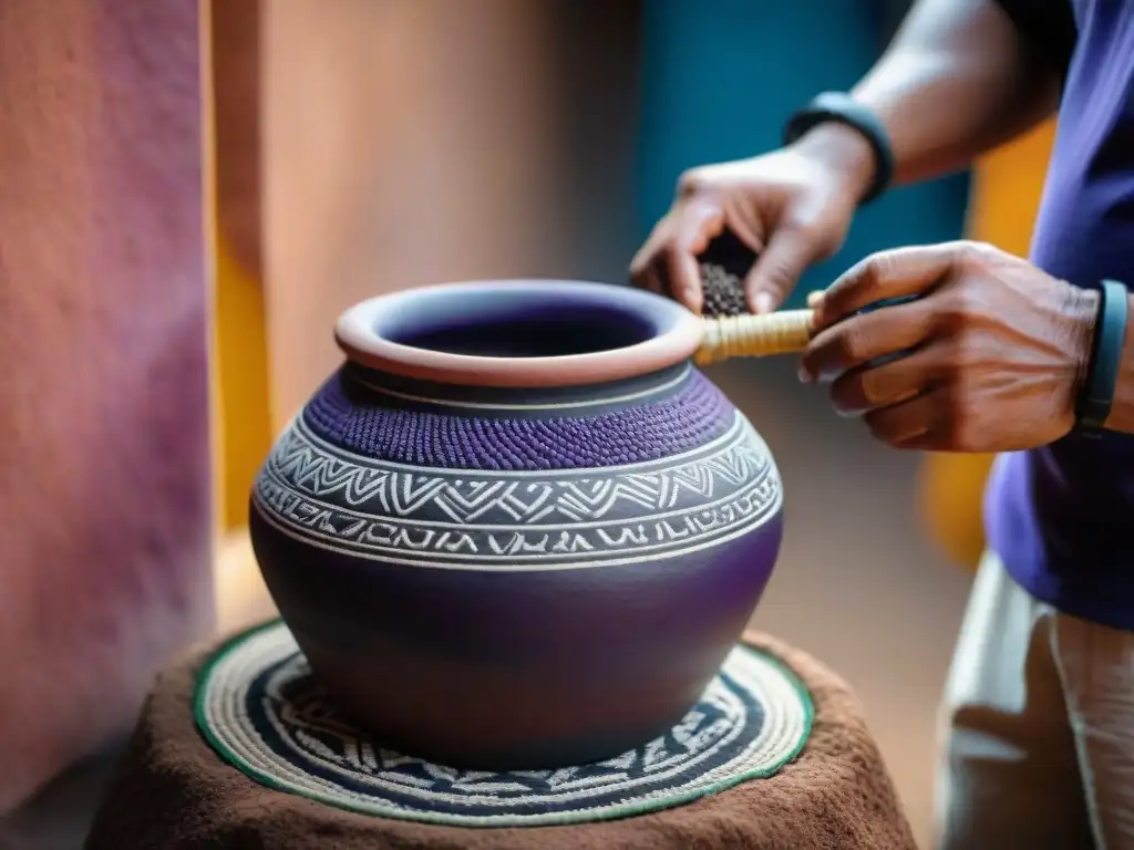 Antigua olla peruana de barro con chicha de maíz morado fermentando, fusionando tradición con tecnología