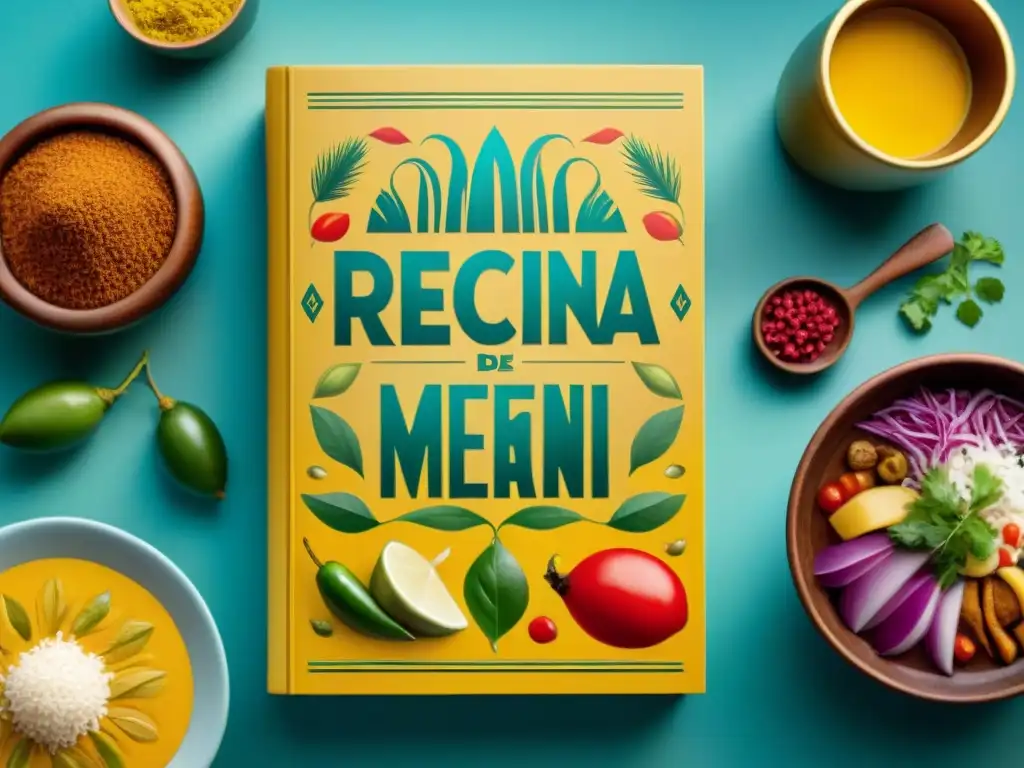Un antiguo libro de cocina peruana con recetas ancestrales y vibrantes ilustraciones de ceviche, lomo saltado y causa