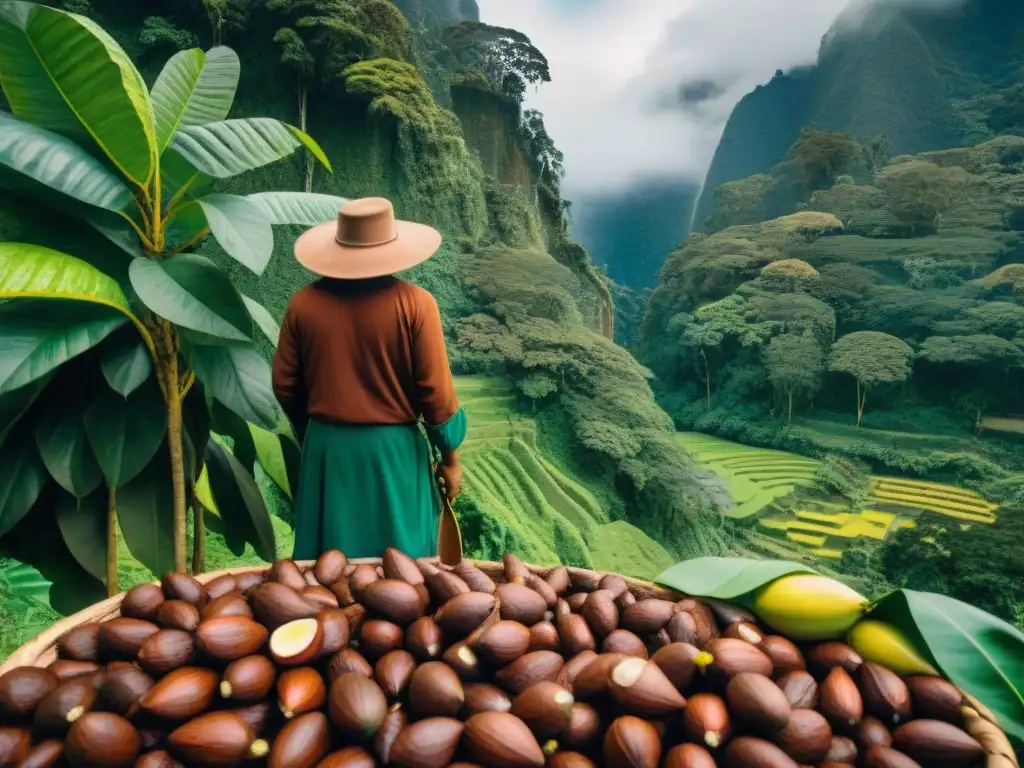 Antiguos agricultores peruanos cosechando cacao bajo árboles en la selva