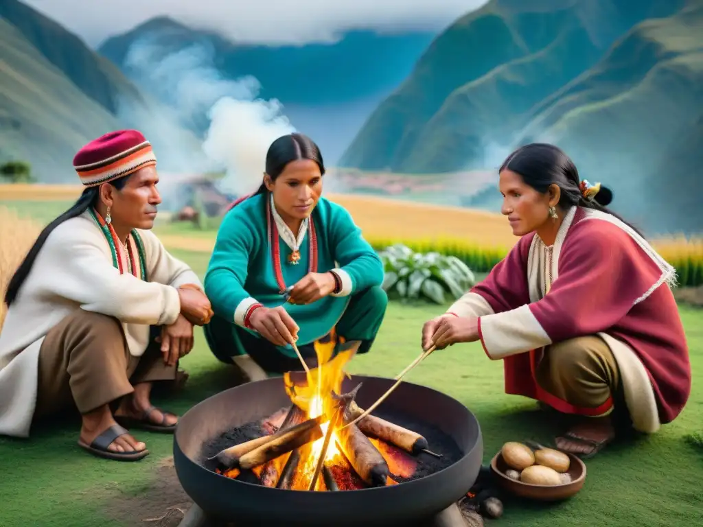 Antiguos agricultores peruanos asan cuy en los Andes, en una escena que resalta la historia gastronómica del Perú