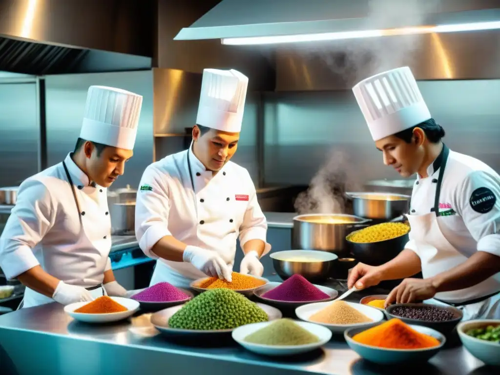 Apasionados chefs peruanos preparando platos con ingredientes autóctonos gastronomía peruana