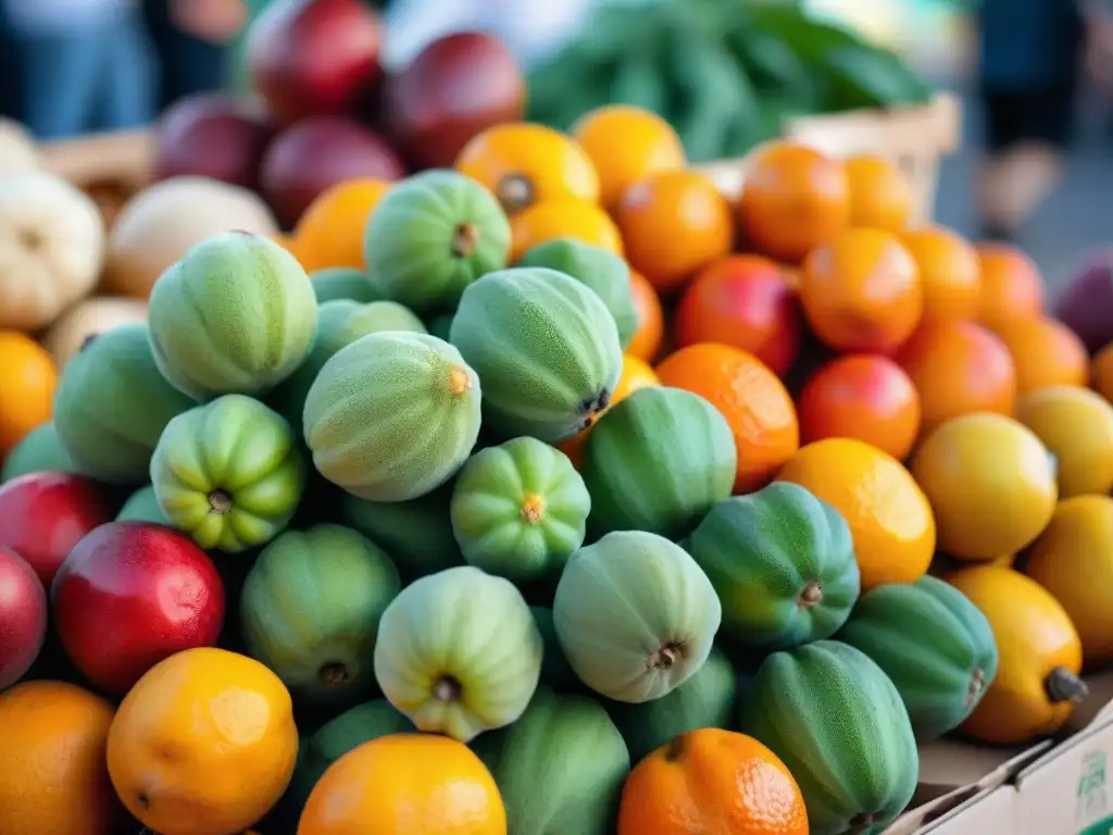 Una apetitosa montaña de frutas lucuma en un mercado local, con colores vibrantes y textura única