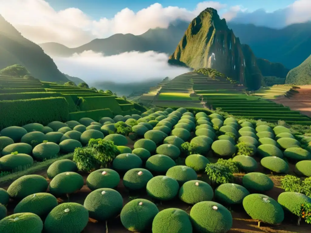 Plantación de guayabas en Perú, con árboles frutales cargados y un agricultor inspeccionando