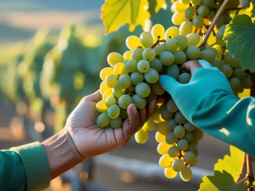 Ardua maceración de uvas verdes en viñedo de Perú al amanecer, manos hábiles seleccionan las mejores para pisco, sabores únicos