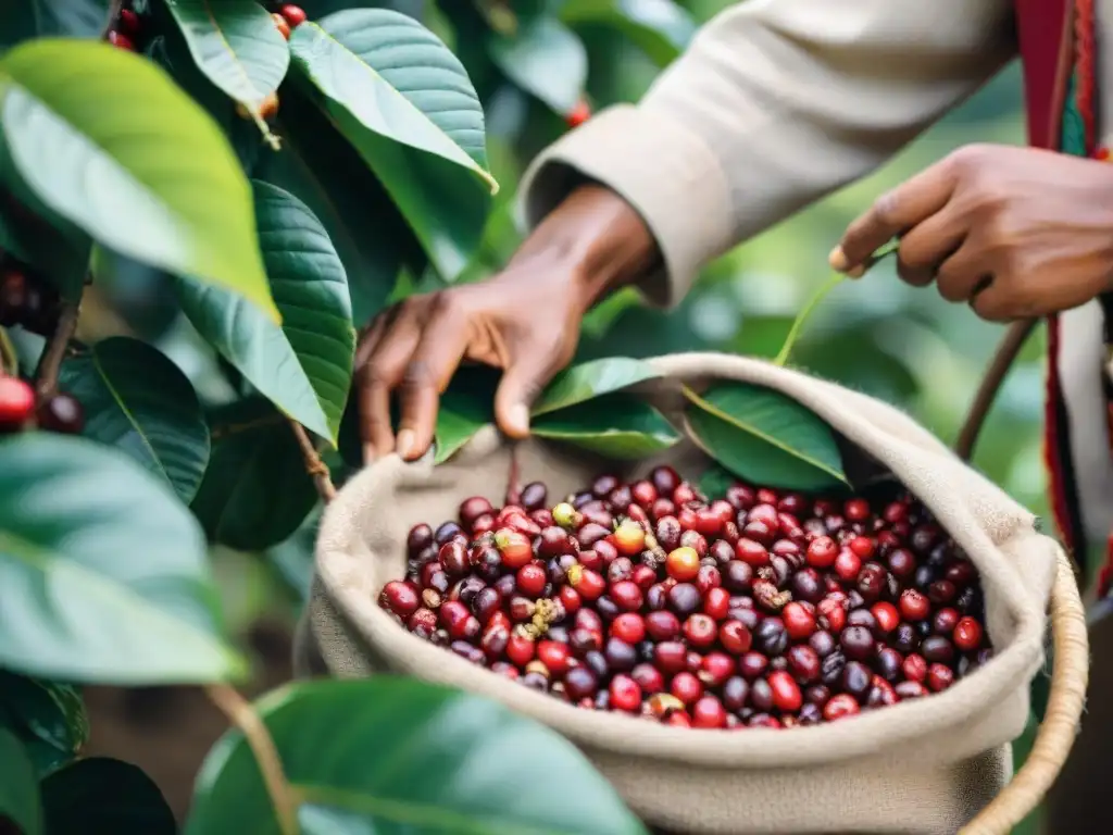 Ardua tarea de seleccionar cerezas de café maduras en plantación soleada de Perú