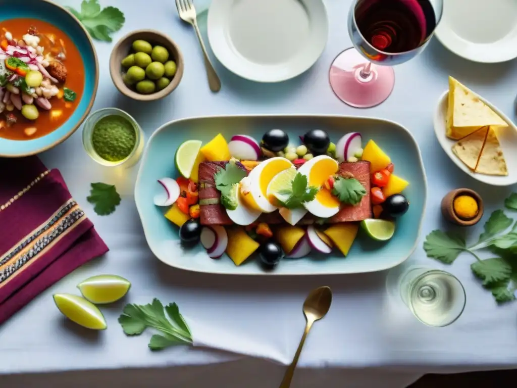 Armonía perfecta: maridaje platos peruanos vinos internacionales en mesa elegante y colorida