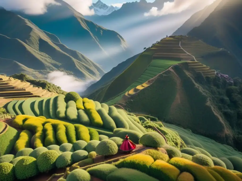 Armoniosa cosecha de muña en los Andes: mujeres que recolectan hojas brillantes con gotas de rocío
