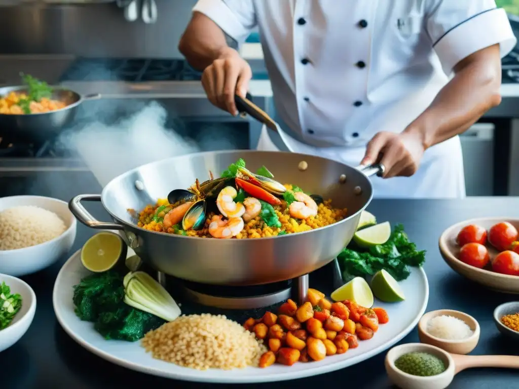 Arroz con Mariscos receta tradicional: Chef preparando este exquisito platillo costeño en un wok tradicional