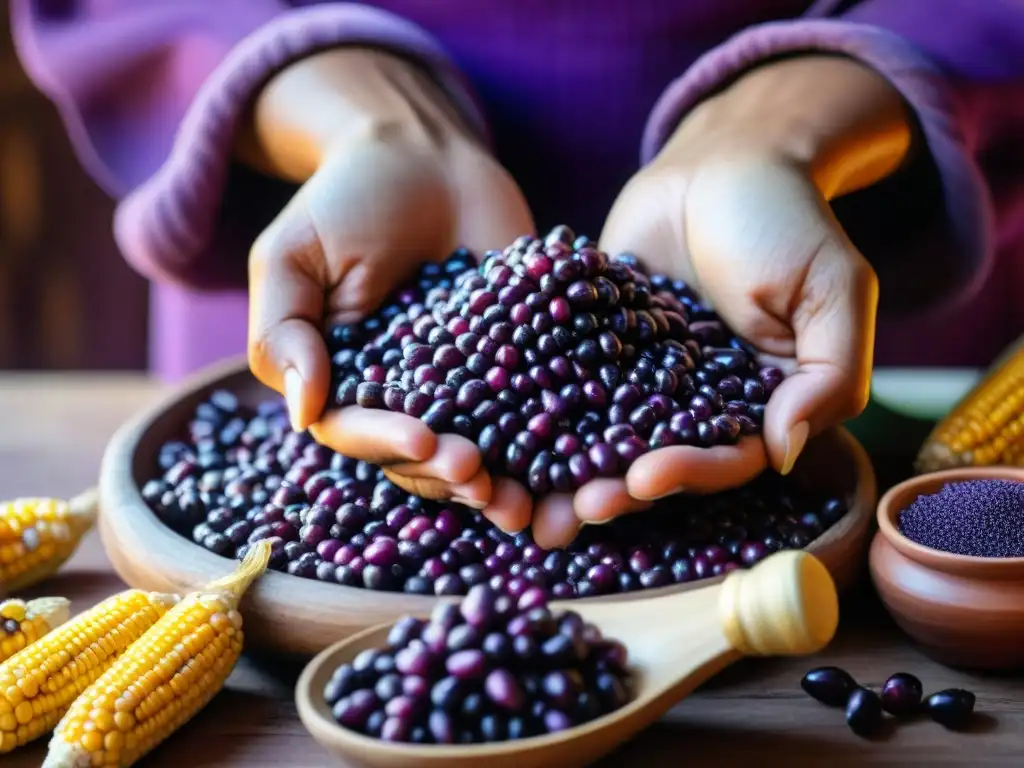 Las arrugadas manos de una mujer peruana exprimen maíz morado para hacer chicha morada, mostrando una tradición ancestral