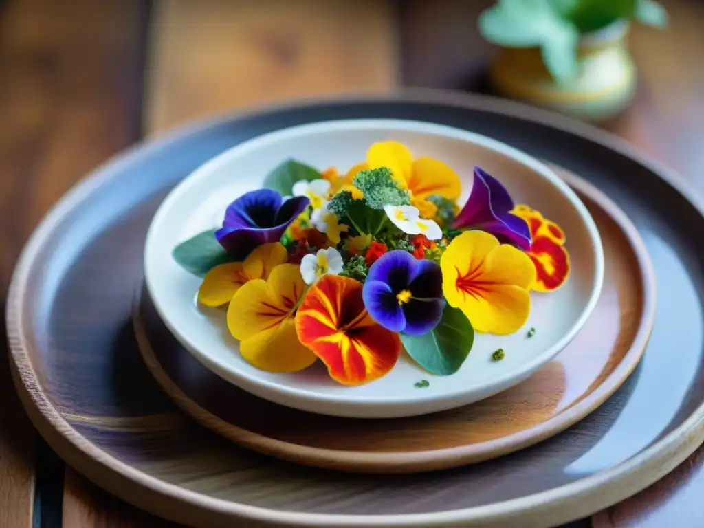 Arte floral comestible en ceviche, con flores como tagetes y pensamientos, en plato peruano sobre mesa rústica