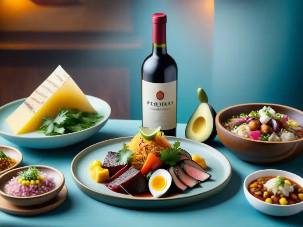 Arte del maridaje vinos platos peruanos: mesa elegante con ceviche, lomo saltado y vinos que realzan sabores