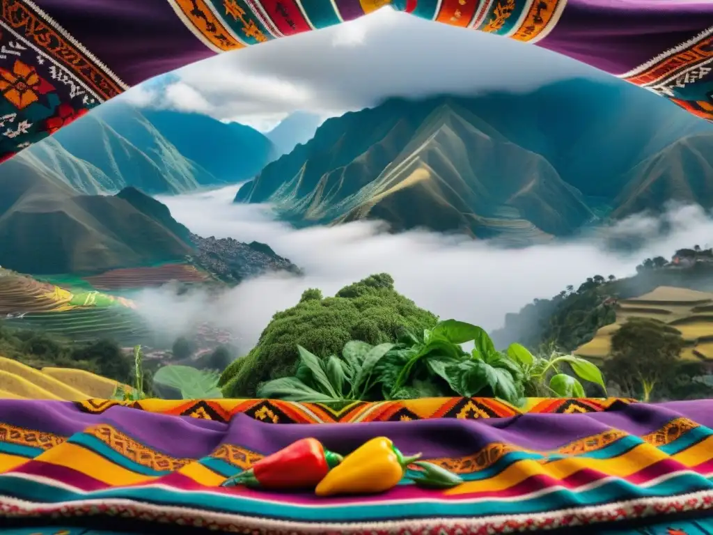 Arte textil gastronomía peruana: tapiz con colores vibrantes y patrones intrincados de quinua, maíz morado y ajíes, frente a los Andes