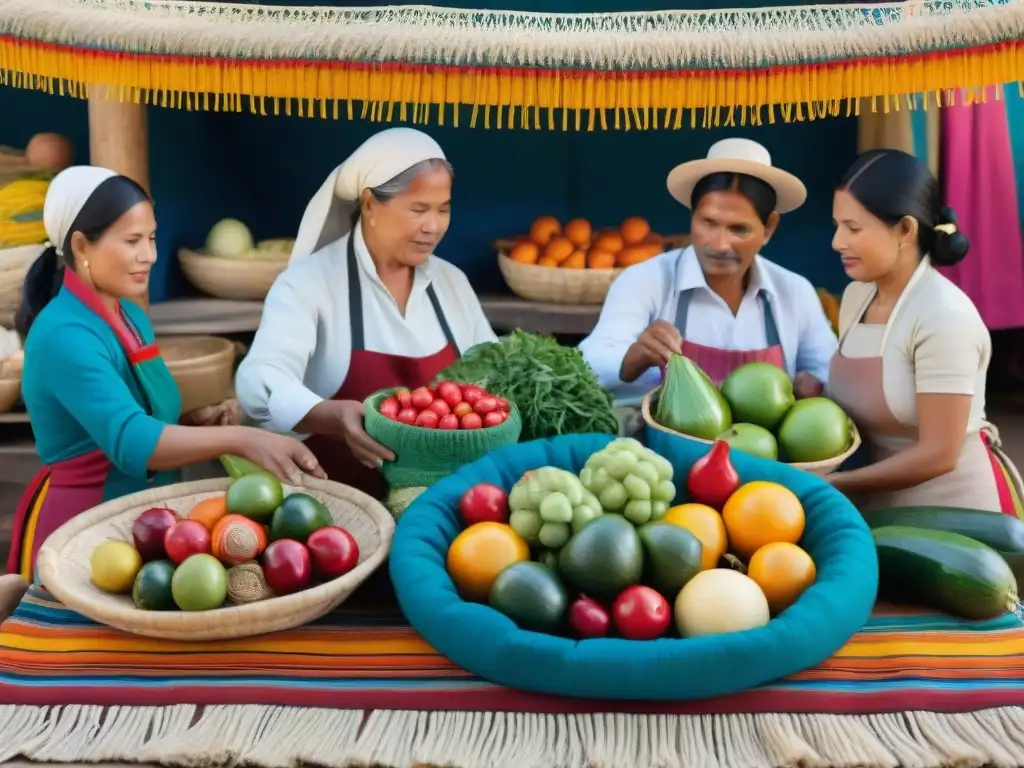 Arte textil gastronomía peruana: Detalle de mercado vibrante con frutas, verduras y platos típicos, reflejando la diversidad culinaria del Perú