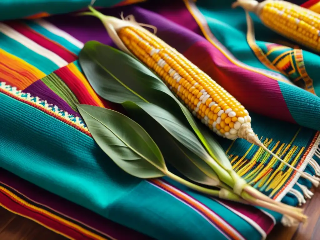 Arte textil gastronomía peruana: Detalle de obra con maíz, papas y frutas exóticas tejidas con destreza y colores vibrantes