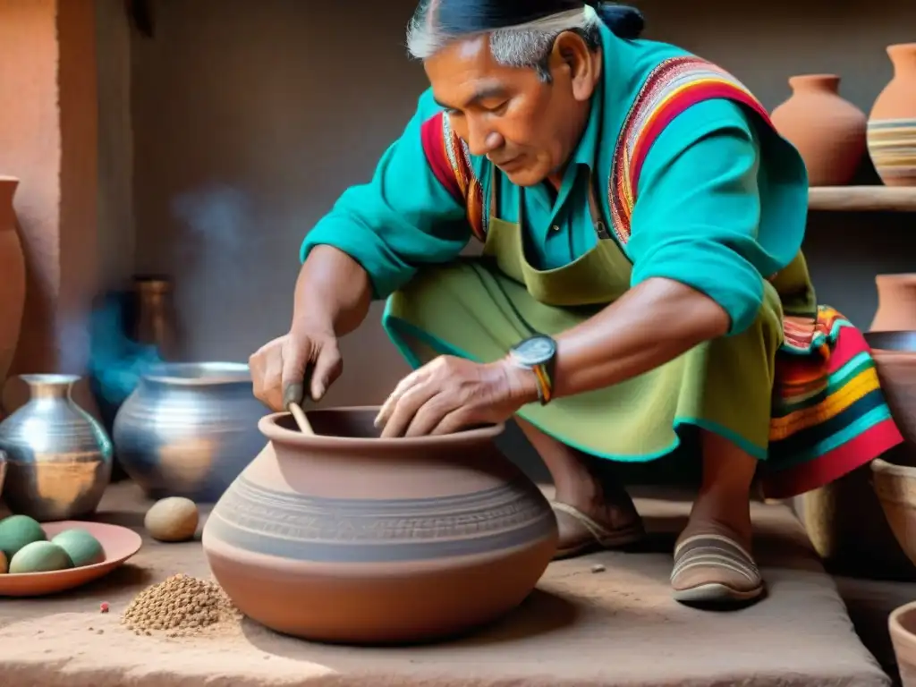 Artesana peruana moldeando un cántaro de barro, rodeada de textiles y utensilios de cocina artesanales peruanos en un taller rústico