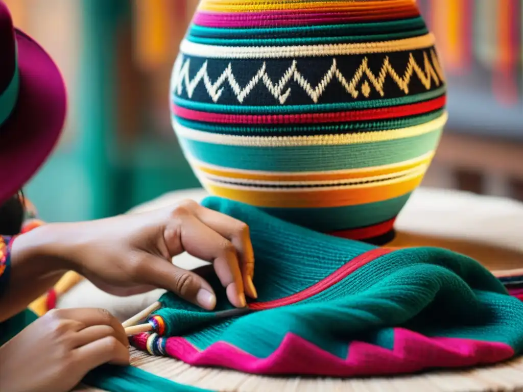 Arte peruano: Tejido de hilos en lámpara vibrante Artesana peruana tejiendo lámparas inspiradas en fiestas peruanas con textiles y cerámica andina