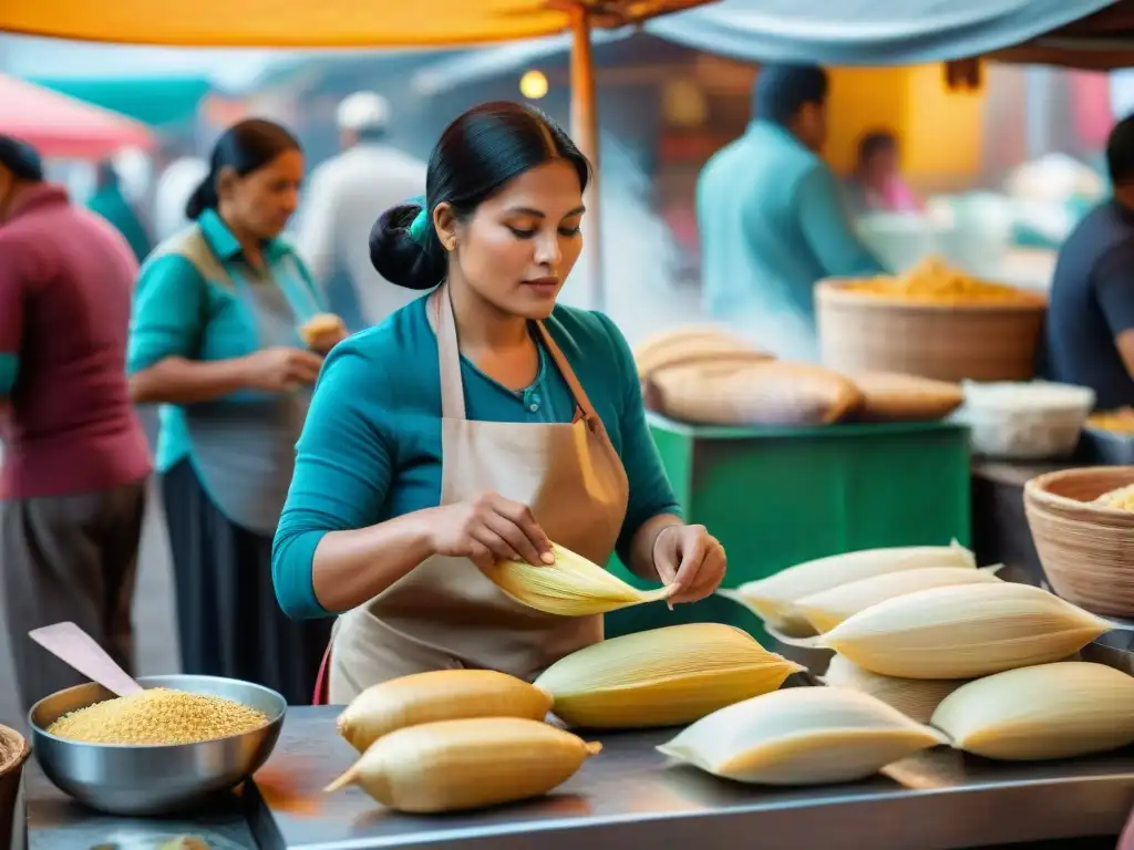 Una artesana peruana elaborando tamales en un mercado bullicioso, resaltando la historia de los tamales peruanos