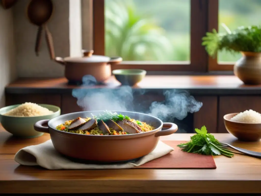 Preparación artesanal de Arroz con Pato a la Chiclayana en cocina tradicional peruana