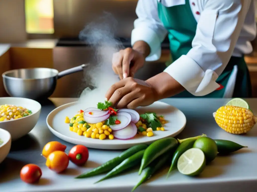 Preparación artesanal de ceviche peruano en cocina equipada