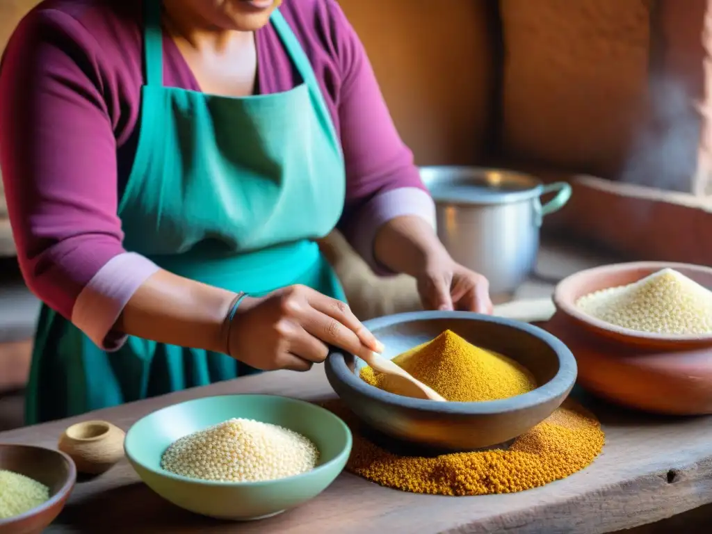 Preparación artesanal de chicha de jora por mujer peruana en cocina rústica