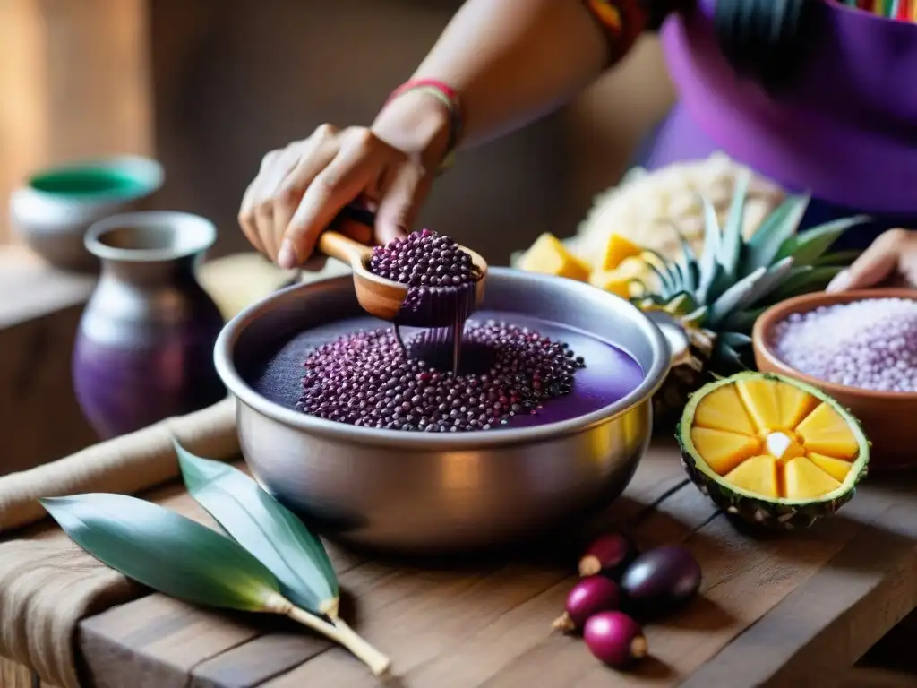 Preparación artesanal de chicha morada en cocina rústica