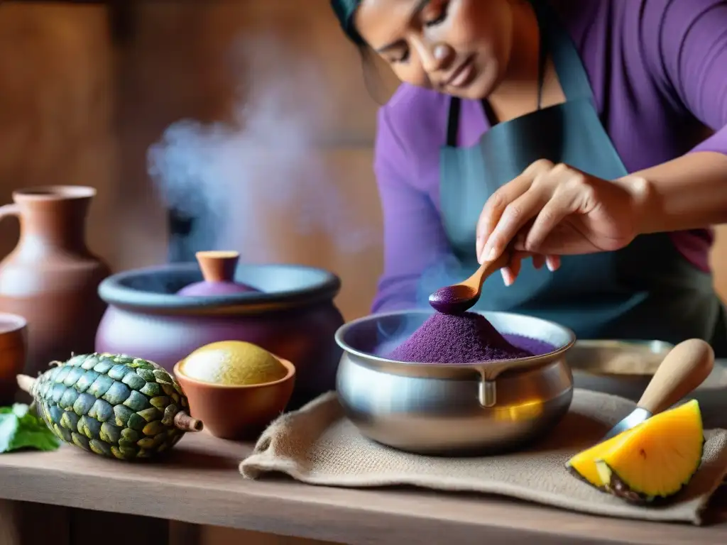 Preparación artesanal de chicha morada en cocina rústica, destacando colores vibrantes de la bebida