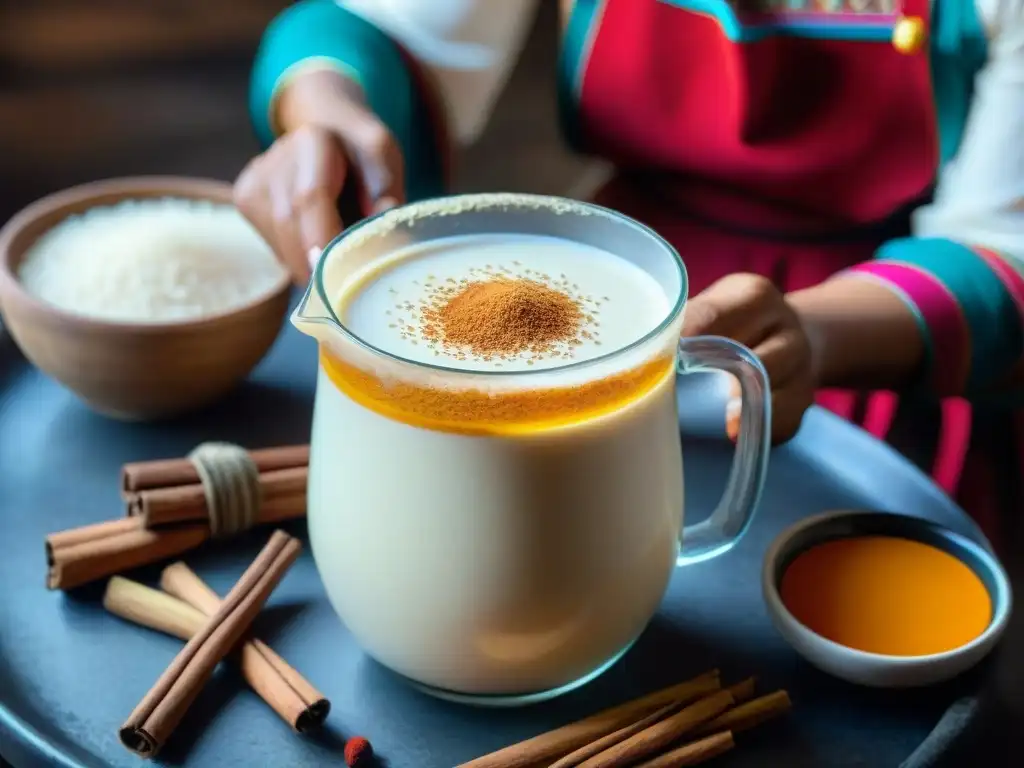 Preparación artesanal de horchata peruana: remojo de arroz, especias, colado en cocina rústica