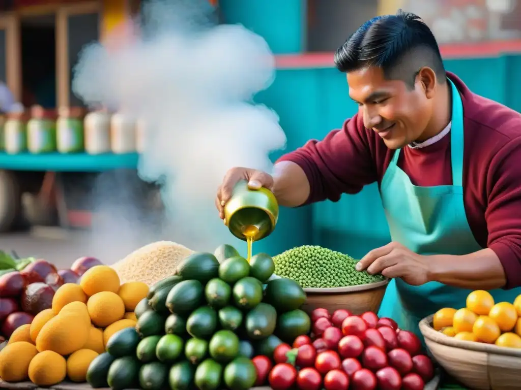 Preparación artesanal del refresco de aguaymanto peruano en un mercado vibrante