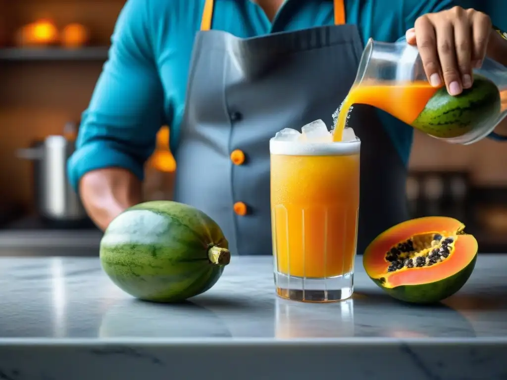 Preparación artesanal de refresco de papaya arequipeña casero, destacando la frescura y tradición