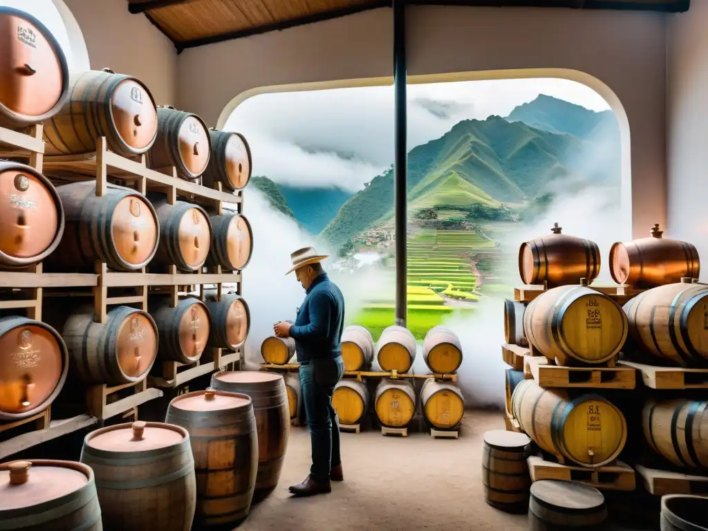 Artesanía en destilería peruana: maestro destilador inspecciona Pisco recién destilado