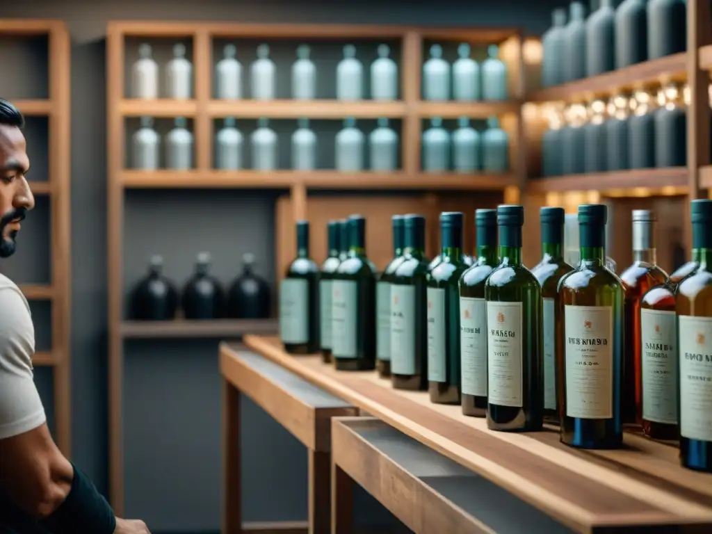 Artesanía excepcional: manos expertas aplican etiquetas a botellas de pisco en taller rústico