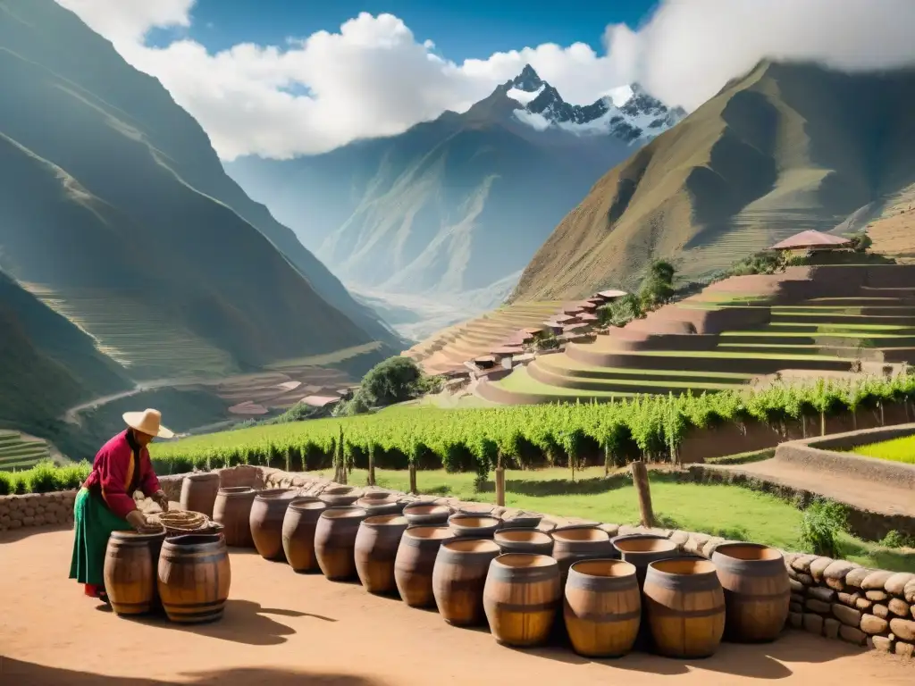 Artesanía peruana: destilería tradicional en los Andes elaborando Pisco, reflejando la identidad cultural peruana pisco influencia