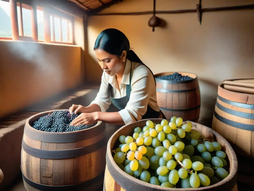 Artesanía y tradición en destilería peruana con trabajadores seleccionando uvas para pisco, reflejando la popularidad del pisco en redes