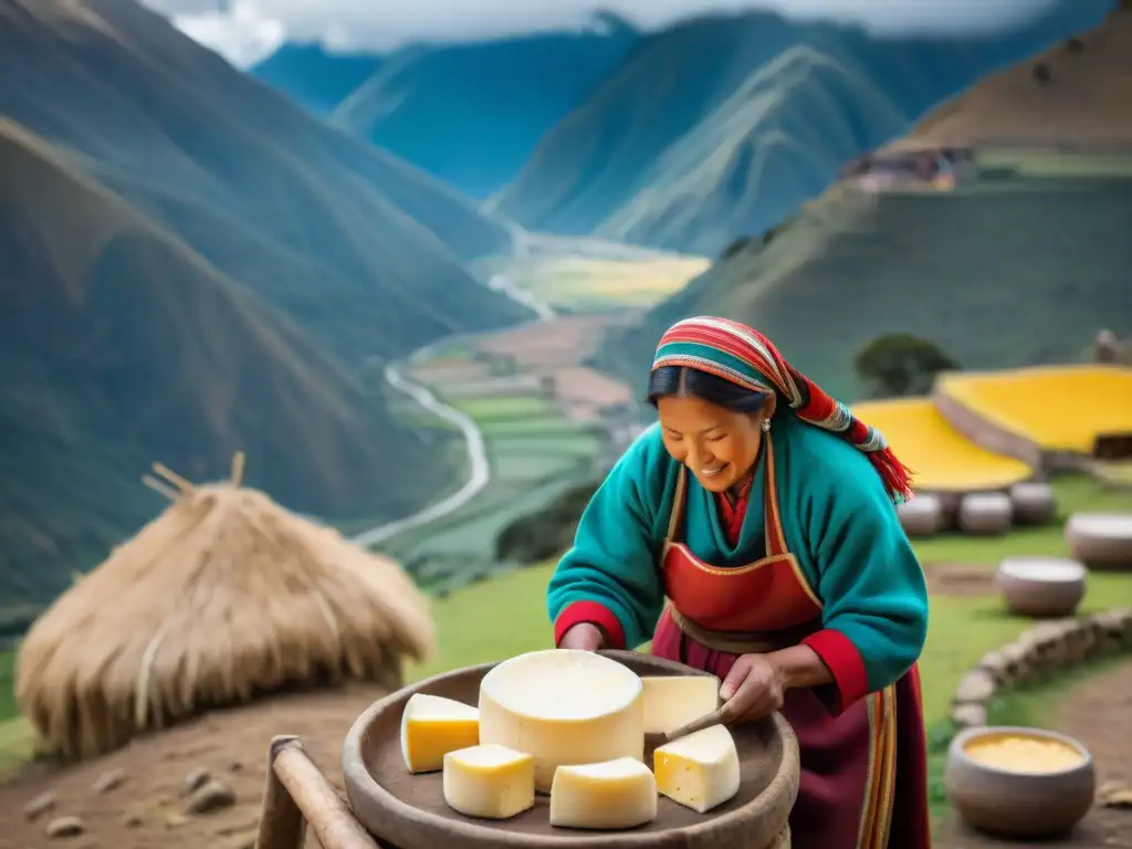 Artesanía de queso andino en Perú: artesanos vistiendo trajes tradicionales, prensando cuajada fresca con montañas de fondo