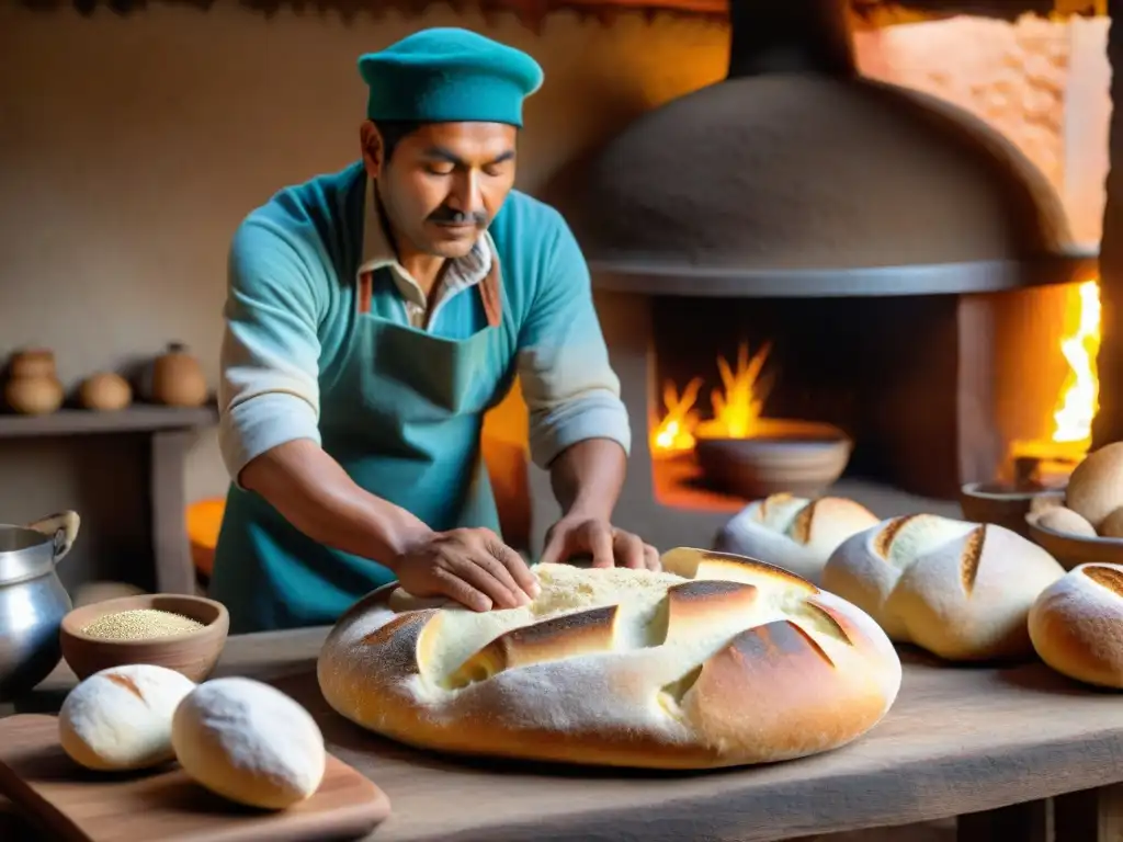 Artesano andino moldea pan en cocina tradicional, reflejando la esencia de la tradición culinaria peruana