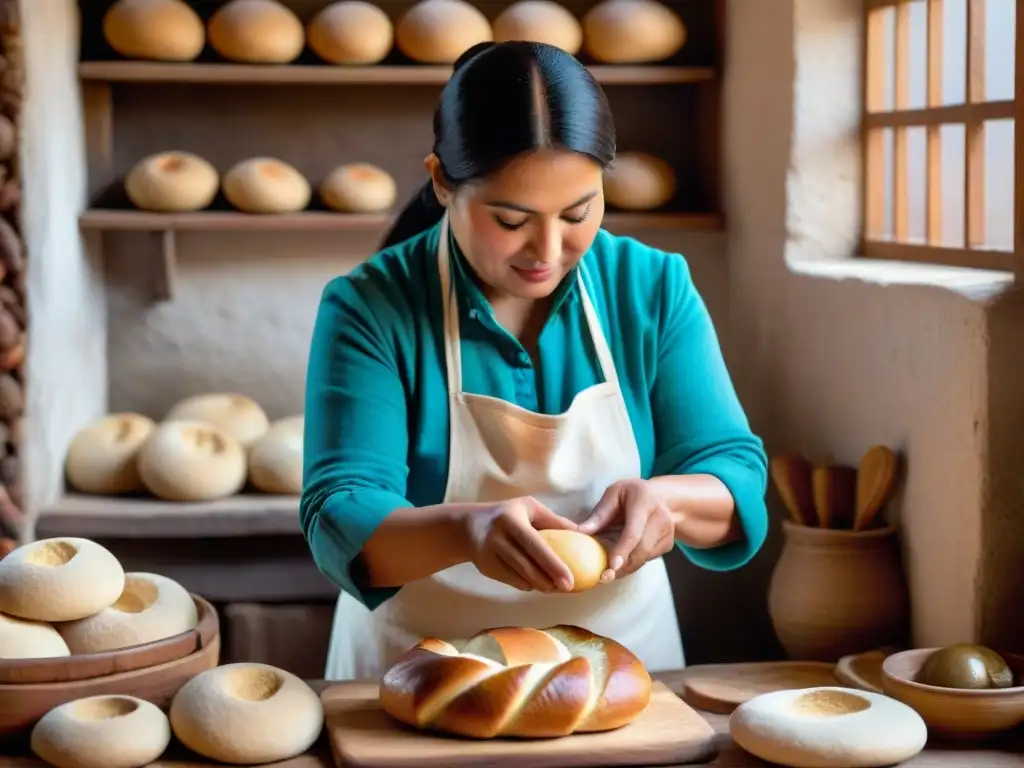 Artesano andino moldeando Pan de Tres Puntas en cocina rústica