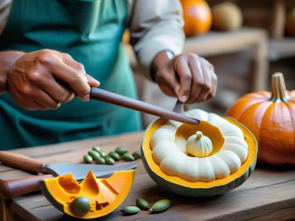 Hábil artesano en Perú tallando un cucharón de calabaza con tradición y destreza