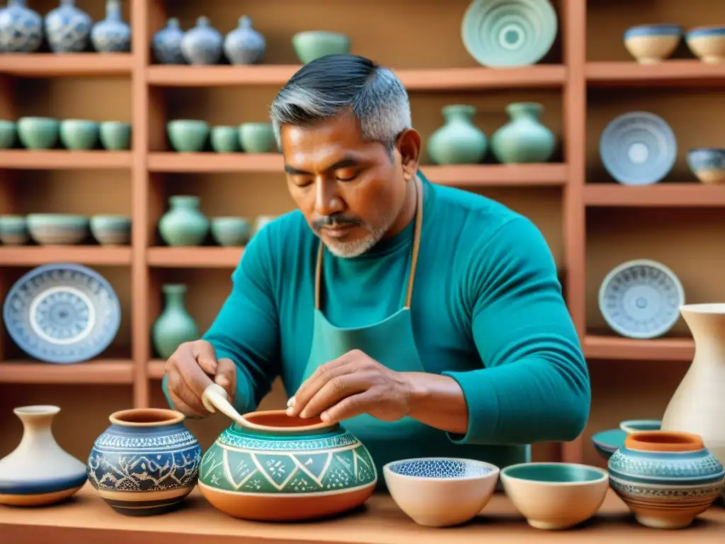 Un artesano en Chulucanas, Perú, crea una delicada cerámica con patrones e colores vibrantes