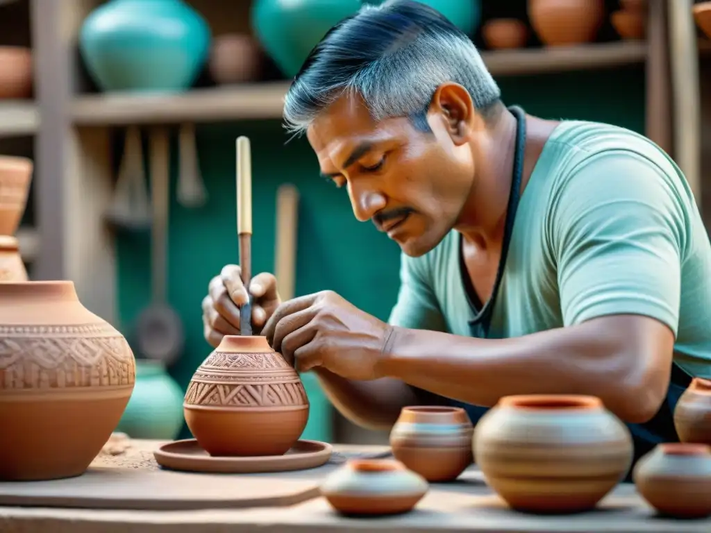 Un artesano de Chulucanas, Perú, crea una pieza de cerámica tradicional con precisión en una mesa rodeada de ollas de barro y herramientas