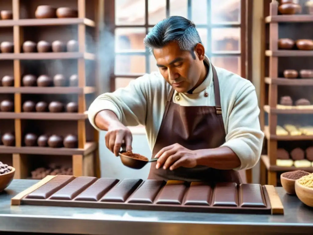 Artesano en Cusco elaborando chocolate con cacao de Perú