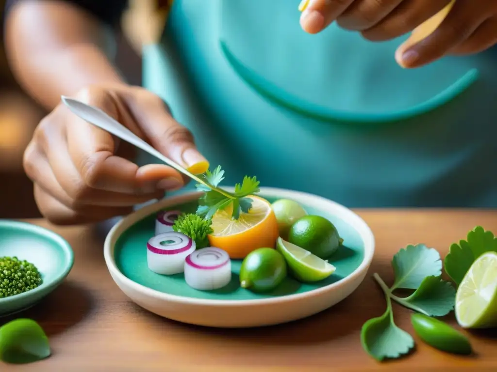 Un artesano crea con destreza un ceviche en miniatura con detalle, destacando la artesanía de platos peruanos en miniatura