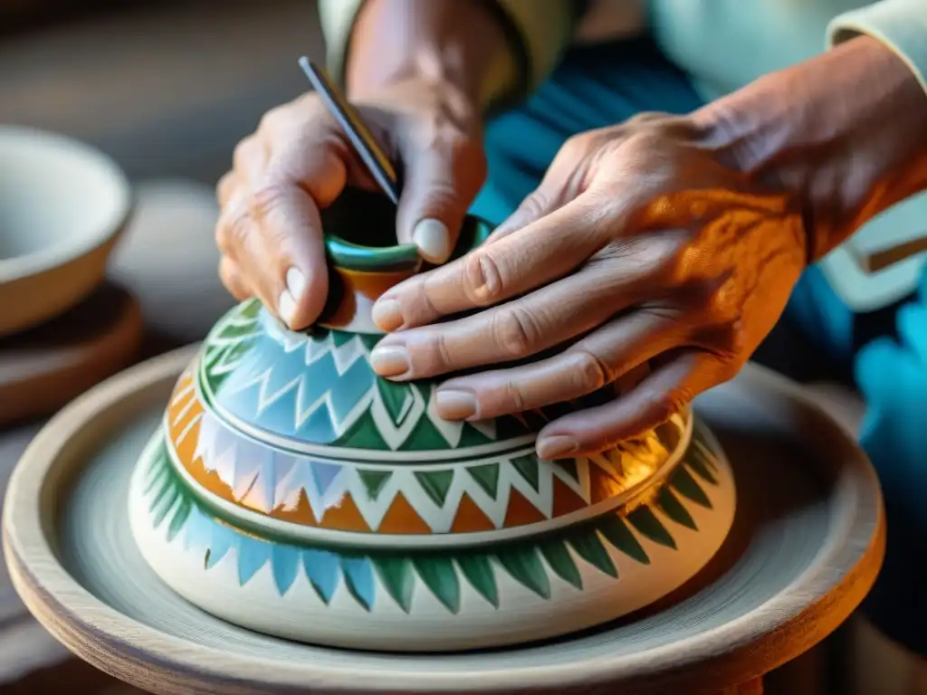 Un artesano moldea con destreza una pieza de cerámica Chulucanas en una mesa rústica, destacando los diseños y colores vibrantes de la artesanía peruana