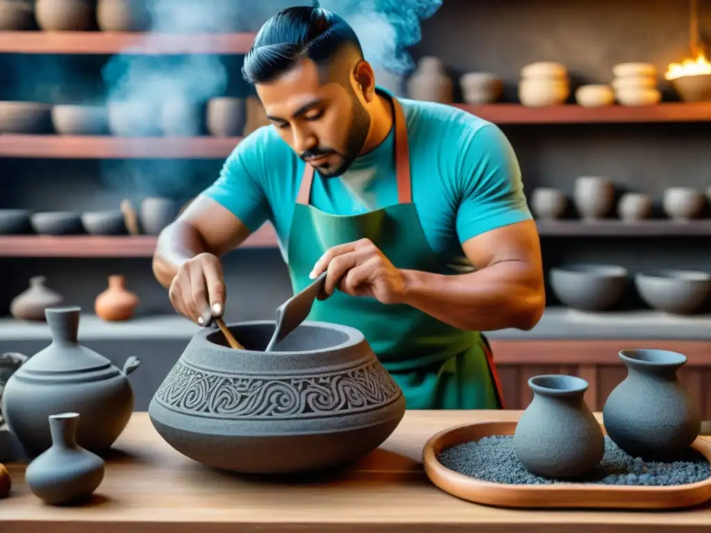 Un artesano tallando diseño en molcajete precolombino