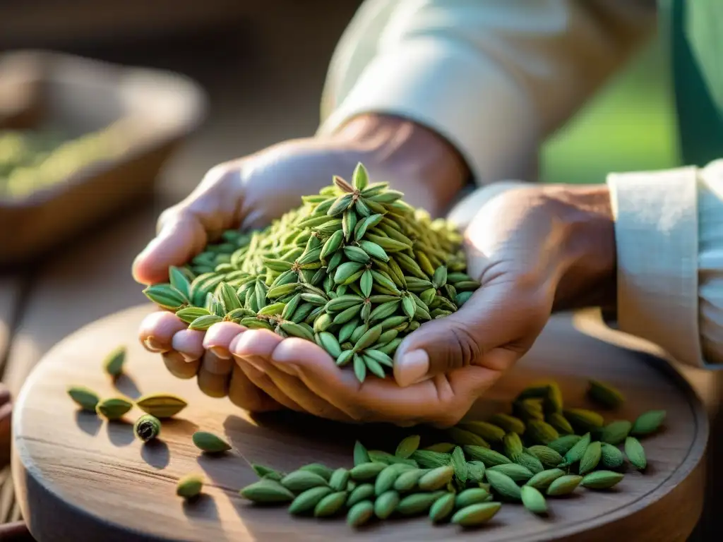 Un artesano experto selecciona con cuidado semillas de anís verde para la producción de Anís de Chilca, mostrando historia, tradición y dedicación