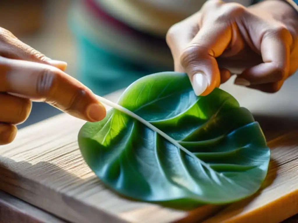 Artesano esculpiendo una hoja de huacatay en jade verde, creando accesorios inspirados en ingredientes peruanos con destreza y pasión