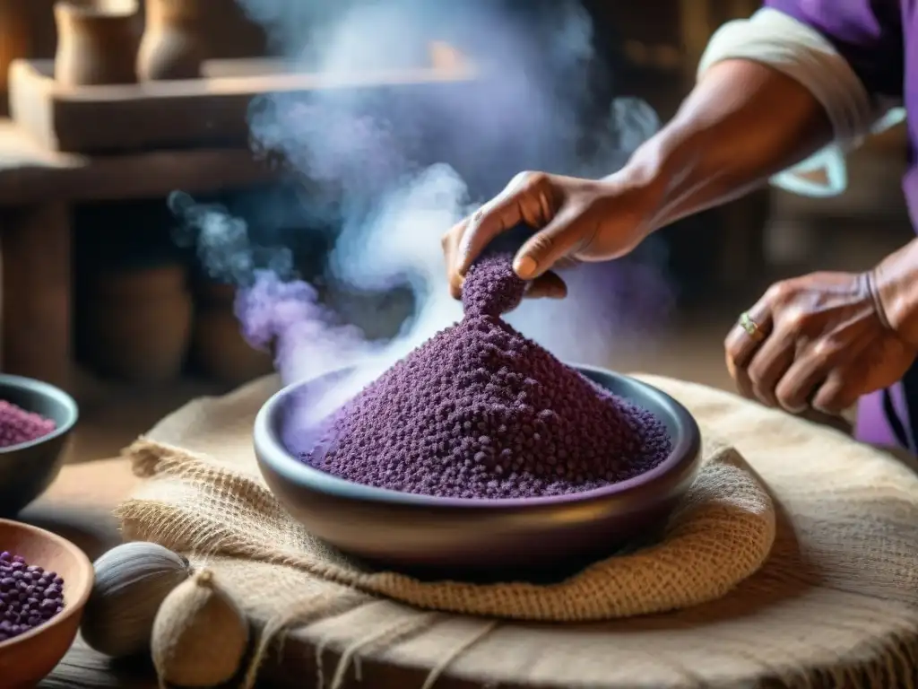 Un artesano indígena muele maíz morado peruano en un molino de piedra, liberando polvo púrpura en una cocina rústica