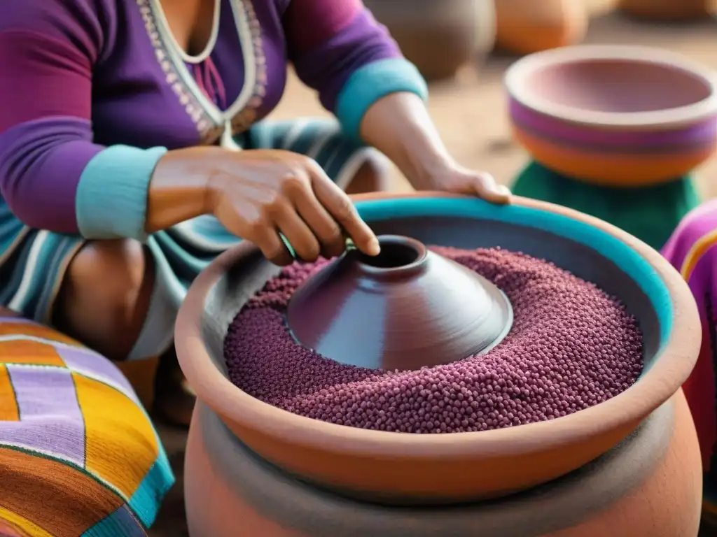 Artesano indígena peruano fermentando chicha morada en vasija de barro, resaltando técnicas de fermentación indígenas Perú